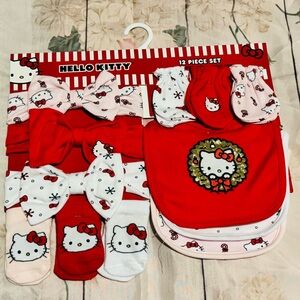 Hello Kitty Baby 12 Piece Set Headbands, Mittens, Socks & Bibs Red Christmas NWT
